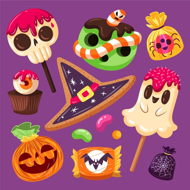 Collezione di caramelle di halloween piatte disegnate a mano