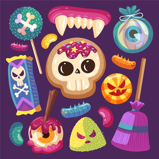 Collezione di caramelle di halloween piatte disegnate a mano