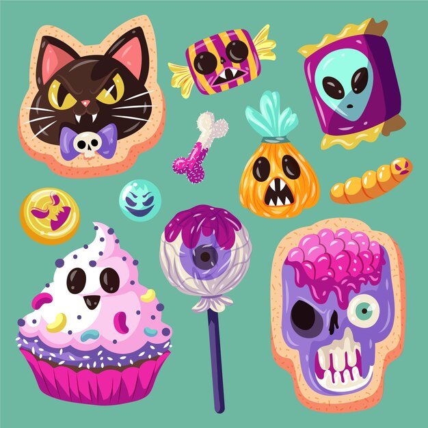 Collezione di caramelle di halloween piatte disegnate a mano