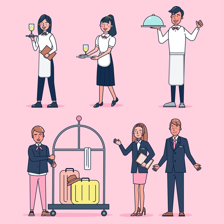 Vettore gratuito collezione di caratteri di catering grande set isolato illustrazione piatta che indossa l'uniforme professionale, stile cartoon sul tema dell'hotel