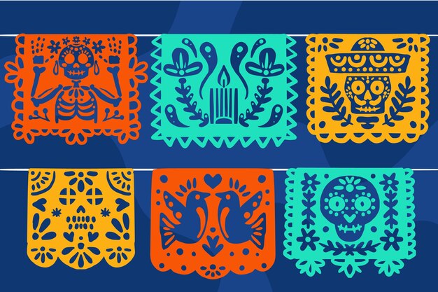 Collezione di carta dia de muertos picado disegnata a mano
