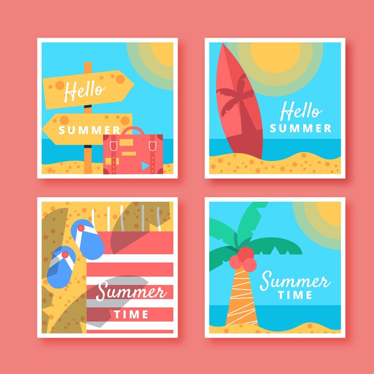 Vettore gratuito collezione di carte estive piatte