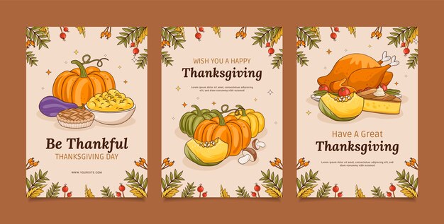 Collezione di carte per la celebrazione del ringraziamento disegnata a mano