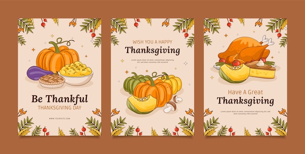 Collezione di carte per la celebrazione del ringraziamento disegnata a mano