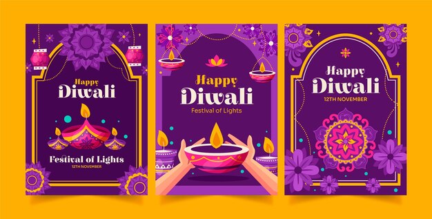 Collezione di cartoline d'auguri piatte per la celebrazione del festival di diwali