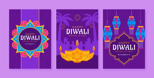 Collezione di cartoline d'auguri piatte per la celebrazione del festival indù di diwali