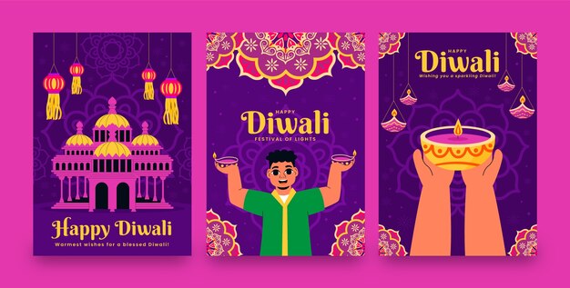 Collezione di cartoline d'auguri piatte per la celebrazione del festival indù di diwali