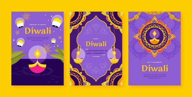 Collezione di cartoline d'auguri piatte per la celebrazione del festival indù di diwali