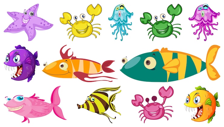 Vettore gratuito collezione di cartoni animati di animali marini