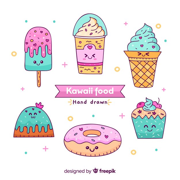 Collezione di cibo dolce disegnata a mano kawaii