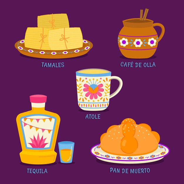 Collezione di cibo piatto dia de muertos disegnato a mano