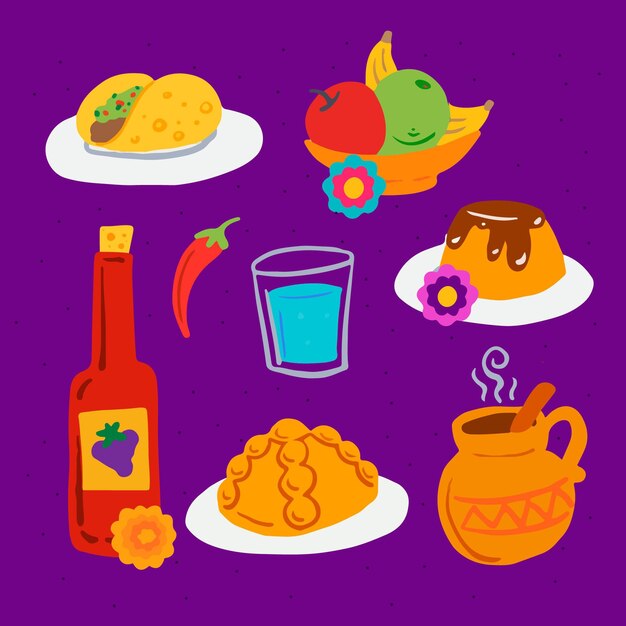 Collezione di cibo piatto dia de muertos disegnato a mano