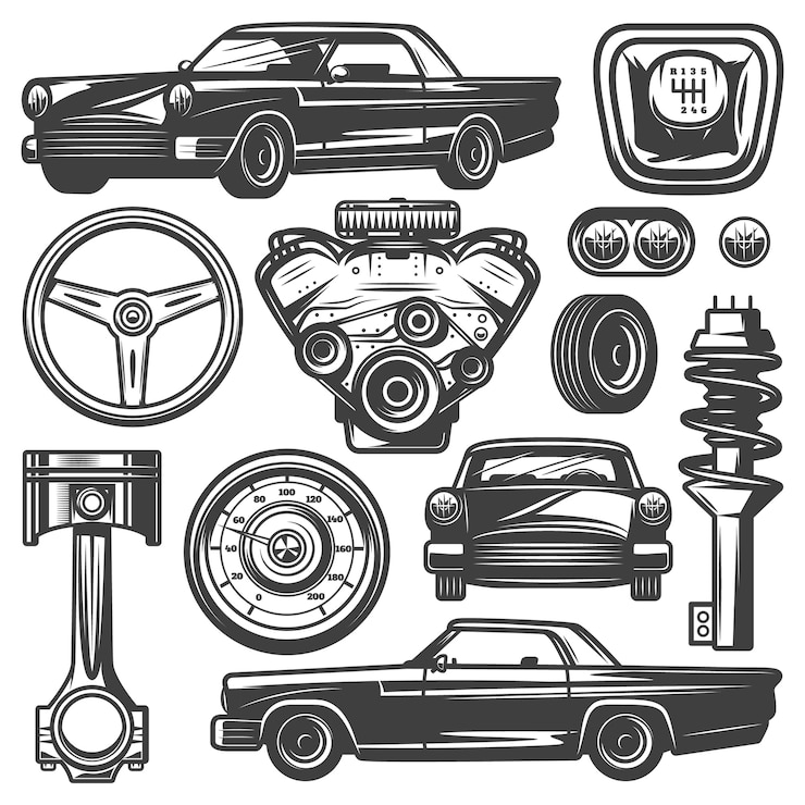 Vettore gratuito collezione di componenti per auto d'epoca witn automobile motore motore pistone volante pneumatico fari tachimetro cambio ammortizzatore isolato