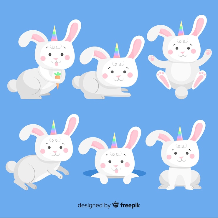 Vettore gratuito collezione di conigli in stile unicorno kawaii