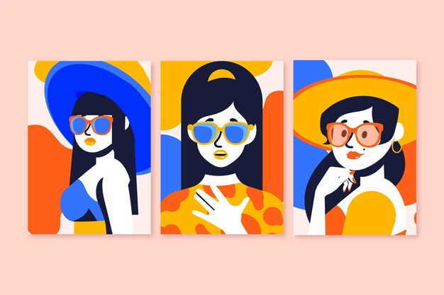 Collezione di copertine di ritratti di moda alla moda disegnati a mano
