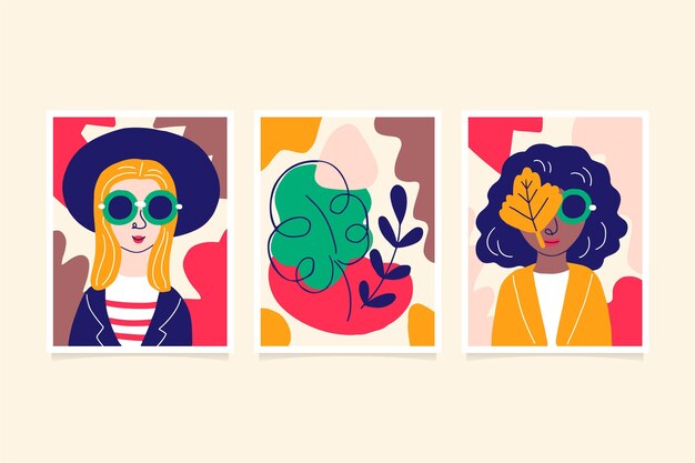 Collezione di copertine di ritratti di moda alla moda disegnati a mano