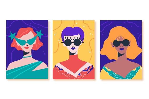 Collezione di copertine di ritratti di moda alla moda disegnati a mano