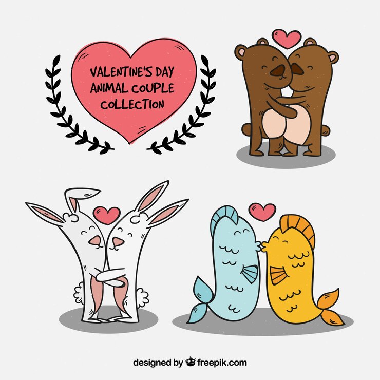 Vettore gratuito collezione di coppie di animali disegnati a mano di san valentino
