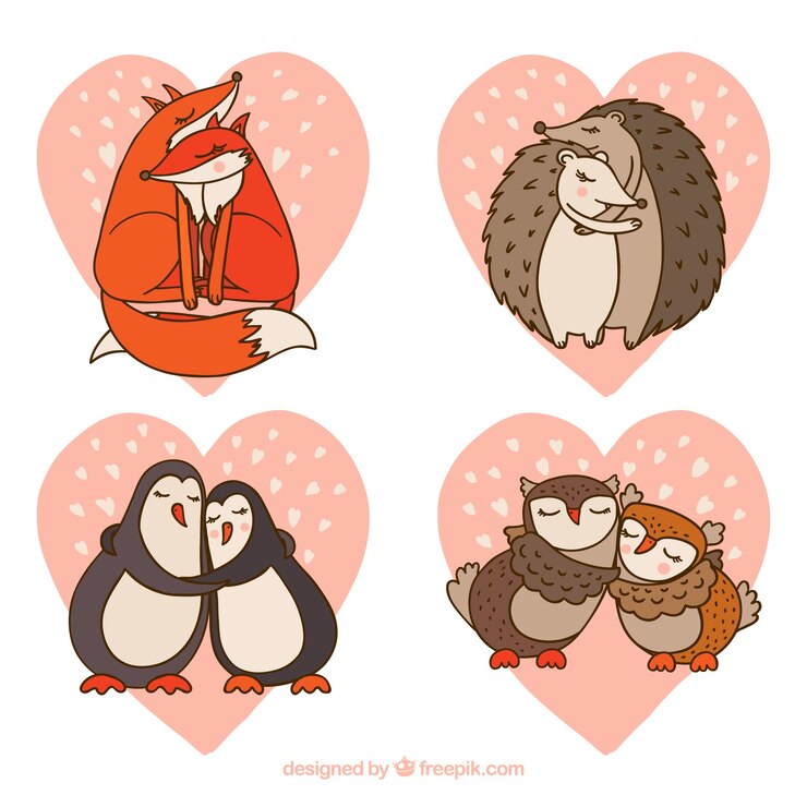 Vettore gratuito collezione di coppie di animali disegnati a mano di san valentino