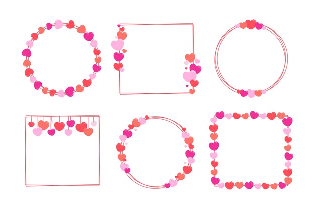 Collezione di cornici di cuori rosa disegnati a mano