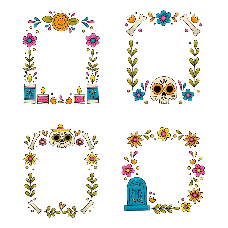 Vettore gratuito collezione di cornici dia de muertos disegnate a mano