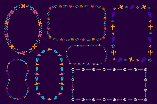 Collezione di cornici piatte dia de muertos disegnate a mano