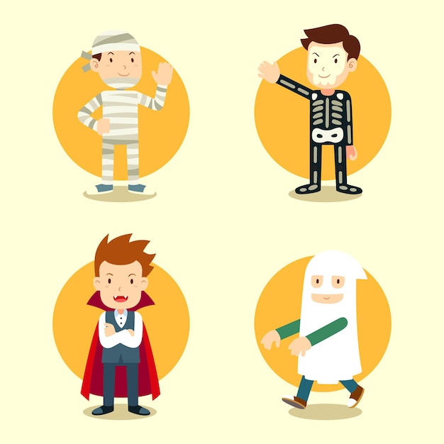 Collezione di costumi di halloween piatti disegnati a mano