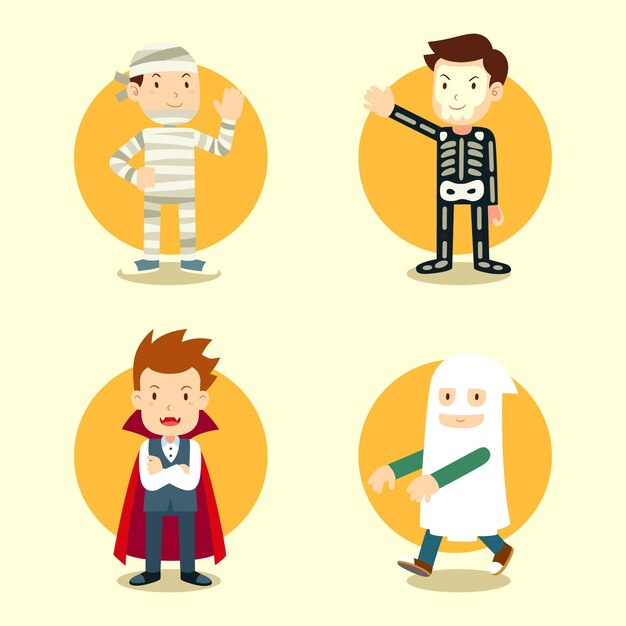 Collezione di costumi di halloween piatti disegnati a mano