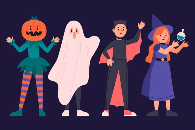 Collezione di costumi di halloween piatti disegnati a mano