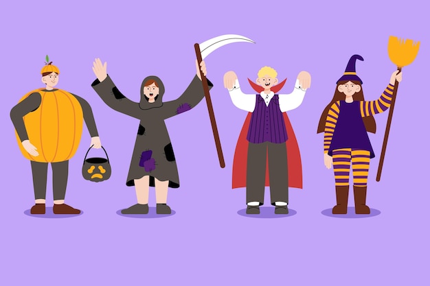 Collezione di costumi di halloween piatti disegnati a mano