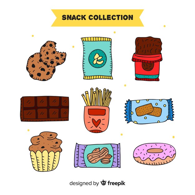 Collezione di deliziosi snack disegnati a mano