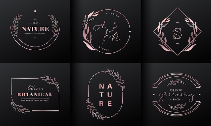 Collezione di design del logo di lusso. Emblemi in oro rosa con iniziali e decorazioni floreali per il logo del marchio, l'identità aziendale e il design del monogramma di nozze.