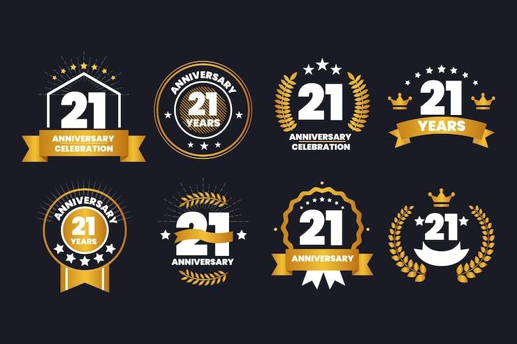 Vettore gratuito collezione di distintivi del 21 ° anniversario d'oro