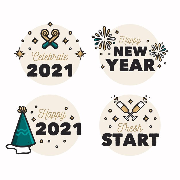 Collezione di distintivi del nuovo anno 2021 disegnati a mano