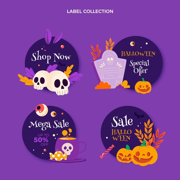 Collezione di distintivi di halloween piatti disegnati a mano