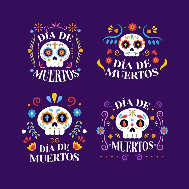 Collezione di distintivi dia de muertos piatti disegnati a mano