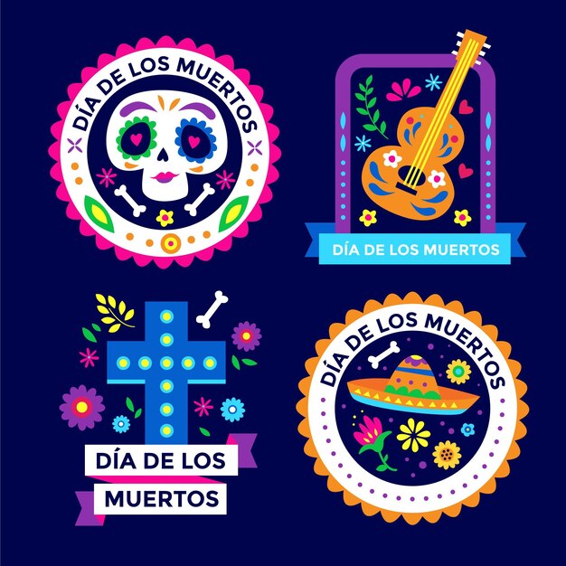 Collezione di distintivi dia de muertos piatti disegnati a mano