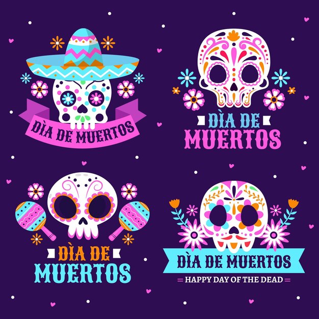 Collezione di distintivi dia de muertos piatti disegnati a mano