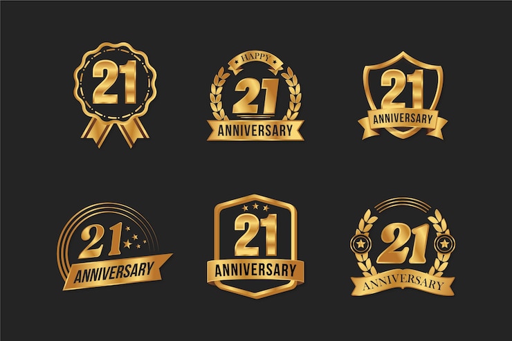 Vettore gratuito collezione di distintivi dorati di design piatto 21 anniversario