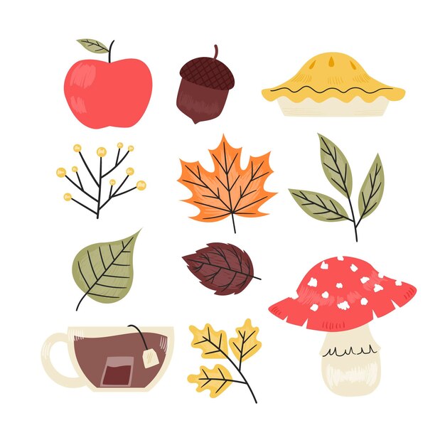 Collezione di elementi autunnali piatti disegnati a mano
