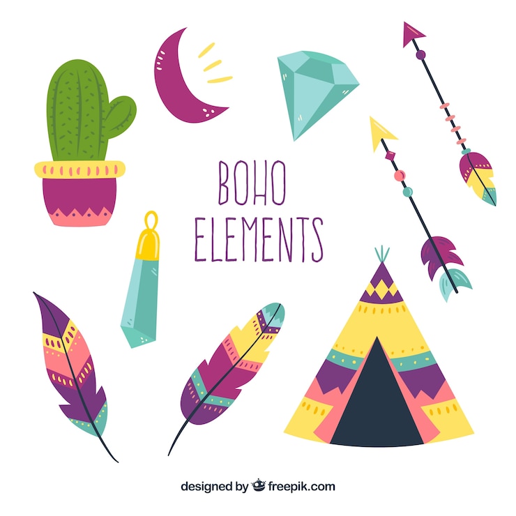 Vettore gratuito collezione di elementi boho in stile hippie