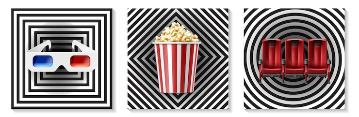 Vettore gratuito collezione di elementi cinematografici realistici con popcorn occhiali 3d in secchio a strisce rosse
