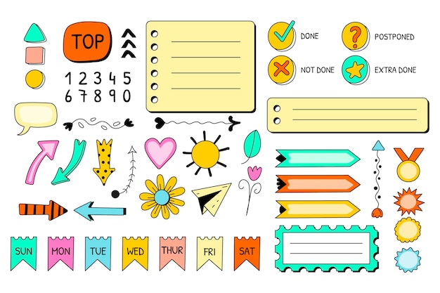 Collezione di elementi del diario settimanale disegnati a mano