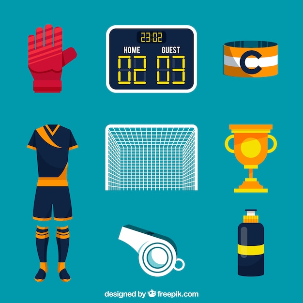 Collezione di elementi di calcio con attrezzature