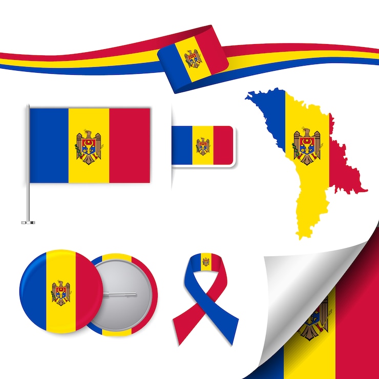 Vettore gratuito collezione di elementi di cancelleria con la bandiera del design moldova