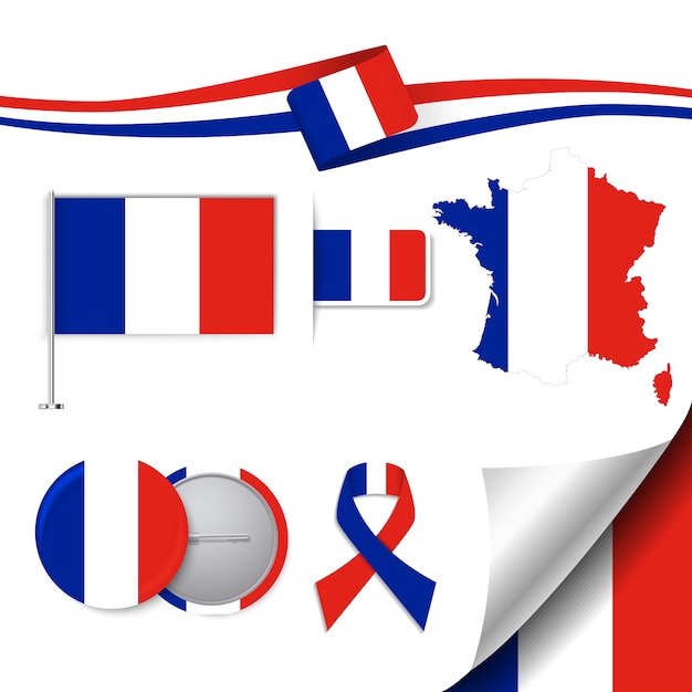 Collezione di elementi di cancelleria con la bandiera della Francia design