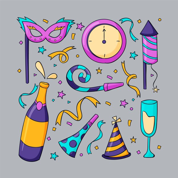 Collezione di elementi di capodanno disegnati a mano
