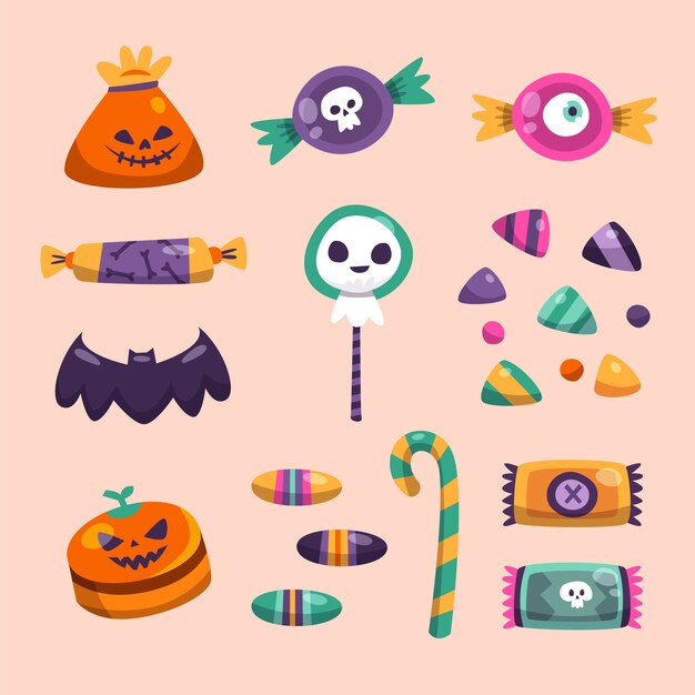 Collezione di elementi di caramelle di halloween piatte