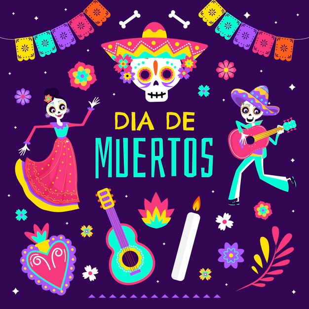 Collezione di elementi di carattere celebrazione piatto dia de muertos
