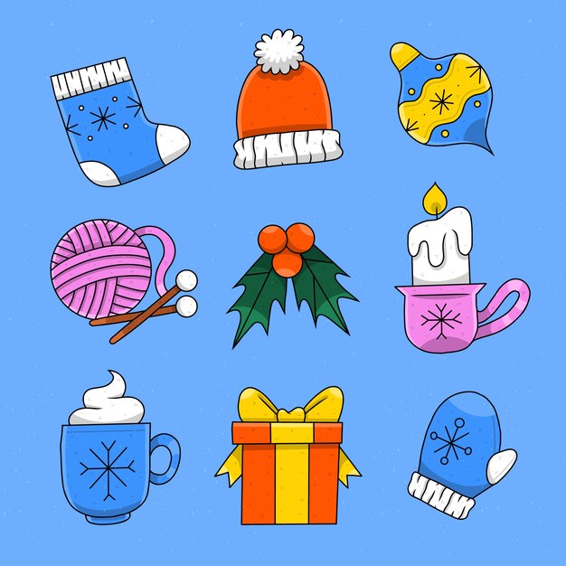 Collezione di elementi di design disegnati a mano per la celebrazione della stagione invernale